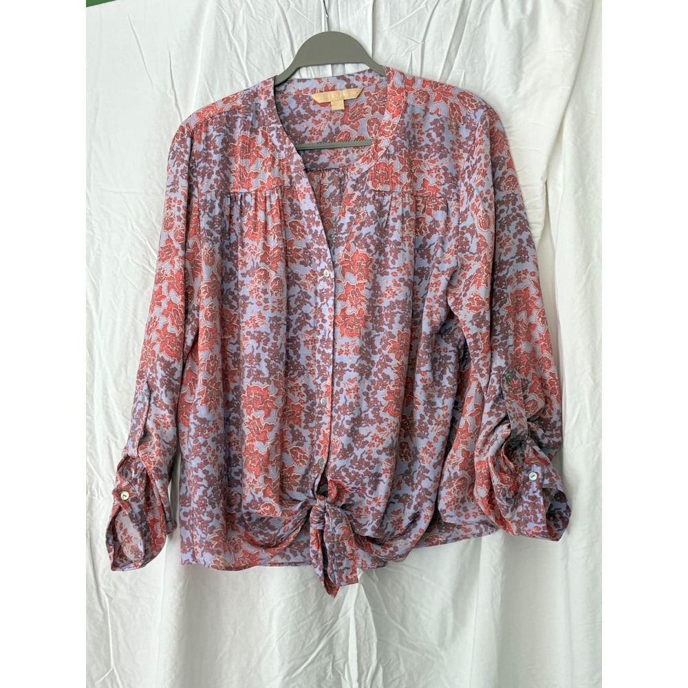 Hope & Harlow Blouse Womens Large Blue Red Excellent Paisley Front Tie Boho Top